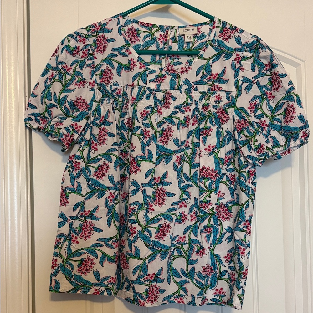 J. Crew White Blouse with Pink and Green Floral Design